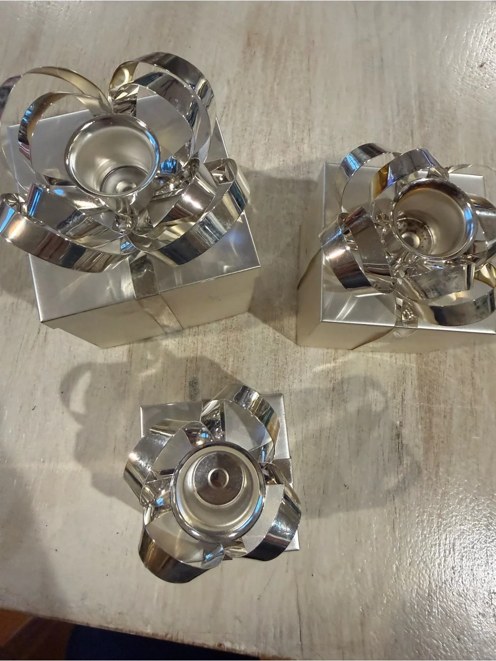 Vintage Set of 3 Godinger Holiday Wrapped Present Gift Box Candle Holders
